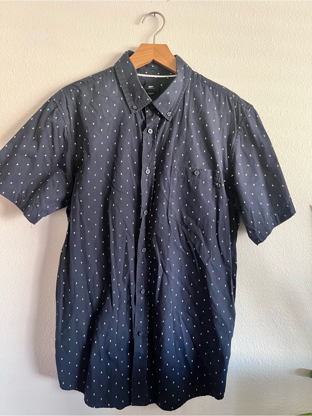 Obey Men's Black Short Sleeve Button-Up with White Microprint